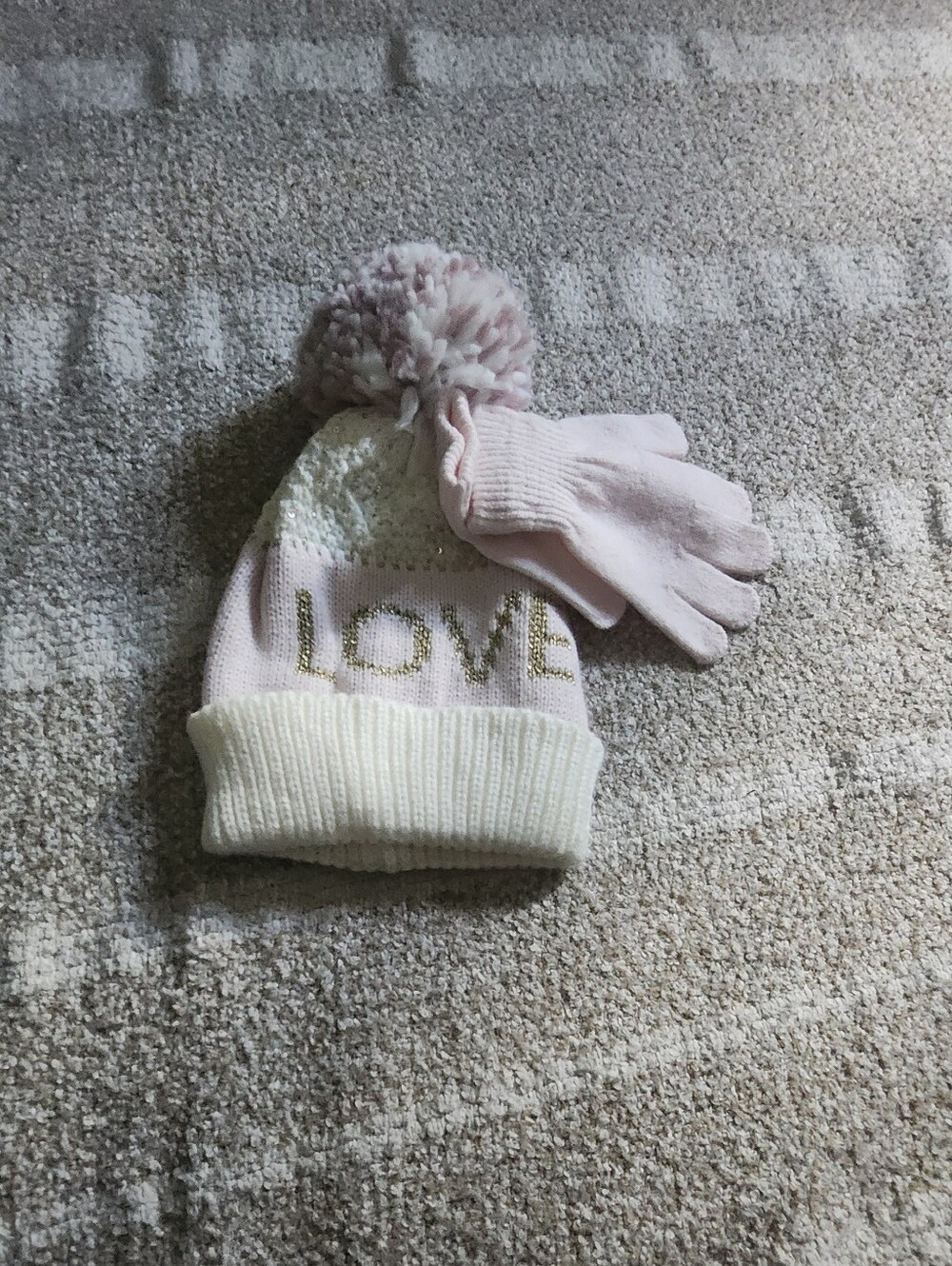 Girls Pink & White Pom Pom Knit Hat with GOLD 'LOVE' Accent and Matching Gloves